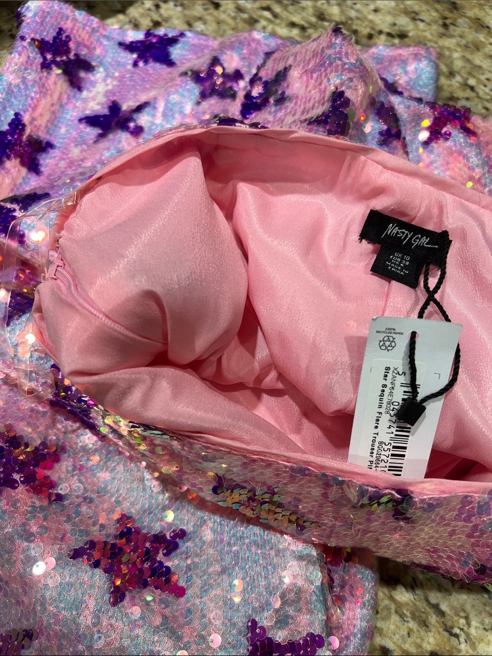 Nasty Gal Pink Purple Star Sequin Star HighRise Party Flare Pants US6 - Picture 9 of 13